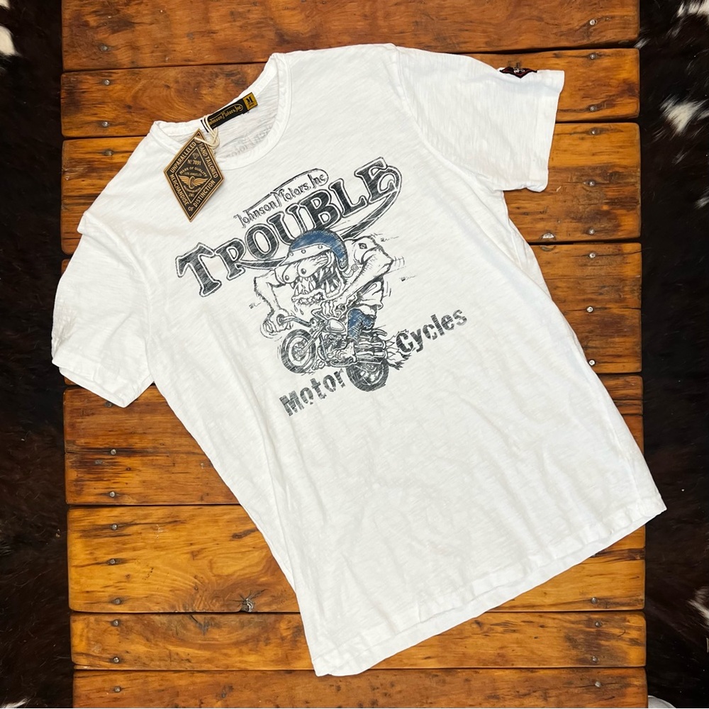 Johnson Motors “Trouble Fink” vintage slub moto tee. NWT